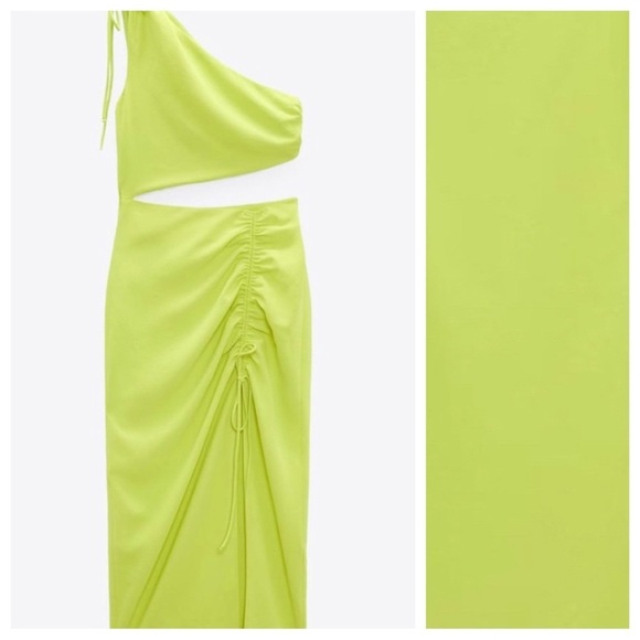 NWT. Zara Lime Green Asymmetric Draped Midi Dress. Size XS. - Picture 6 of 9